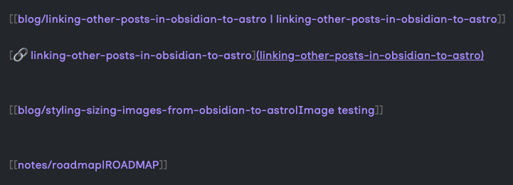 Screen shot of wiki-links from Obsidian to Astro markdown code